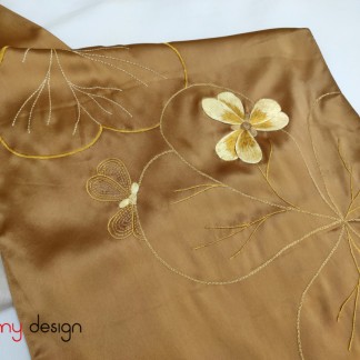 Brown silk scarf hand-embroidered with flamboyant flower 40*200cm